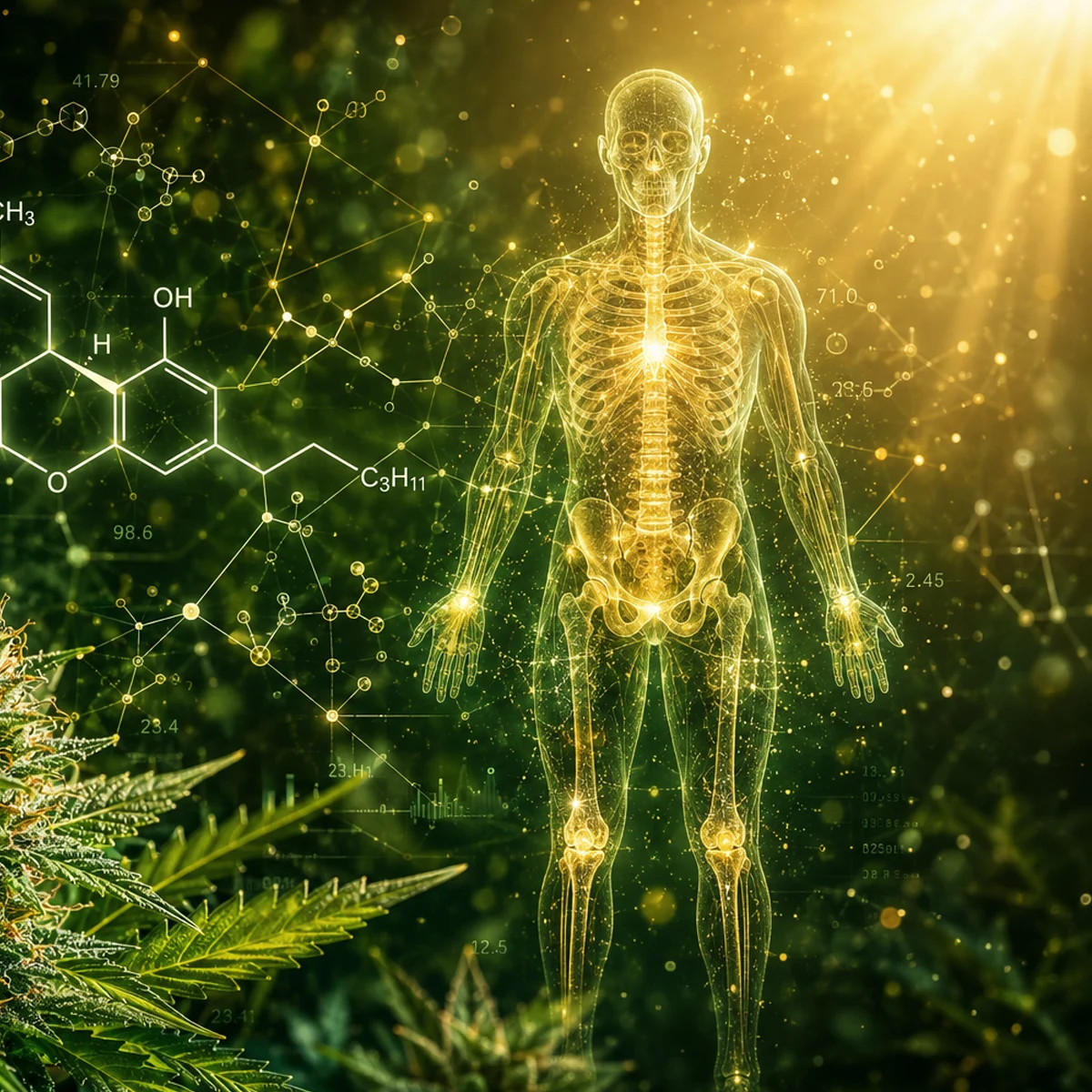 Illustration dorée du corps humain, du cannabis et de structures moléculaires