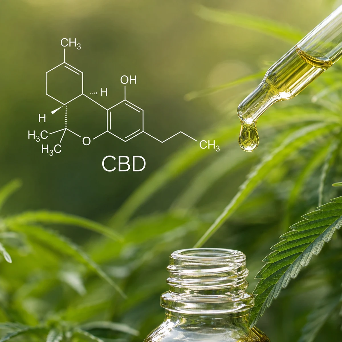 Pipette, flacon et plante de cannabis avec une représentation moléculaire du CBD