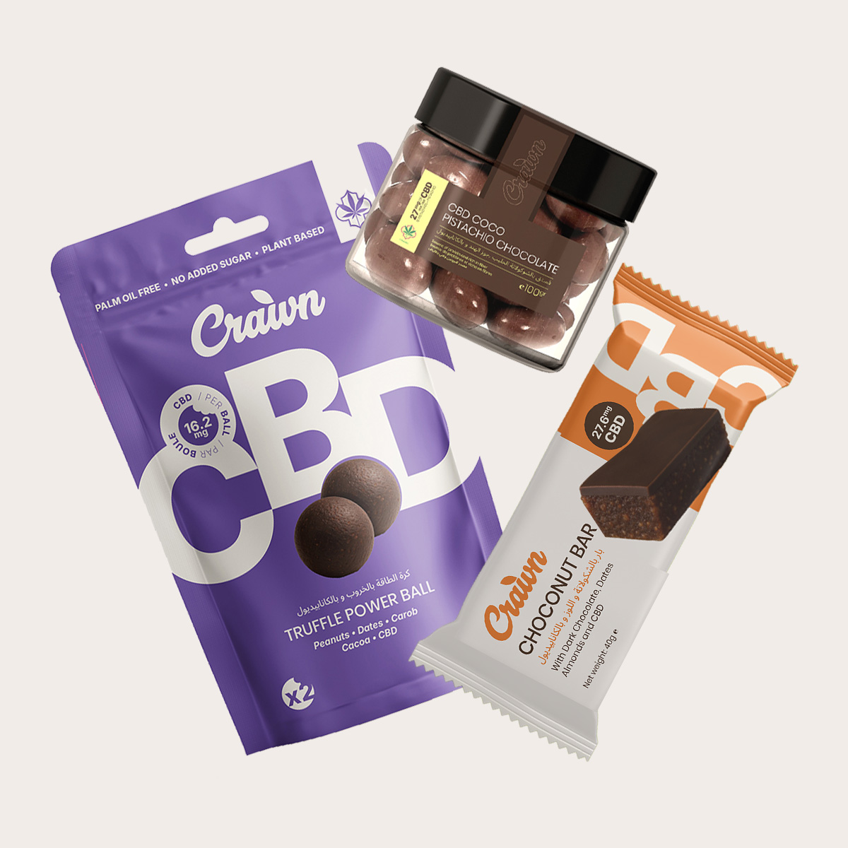 Assortiment de gourmandises CBD Crawn : truffes et barre chocolatée