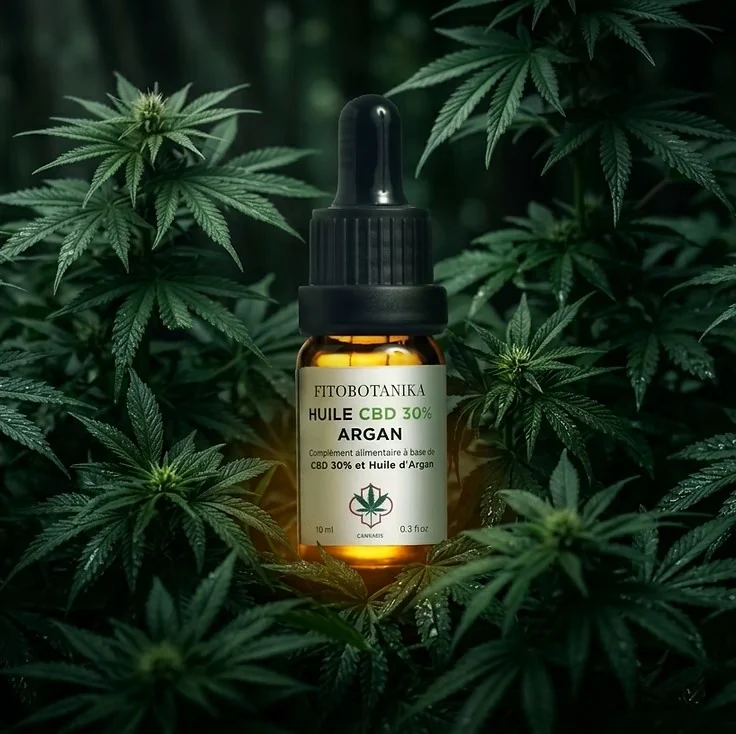 Flacon d’huile CBD à l’huile d’argan entouré de plants de cannabis