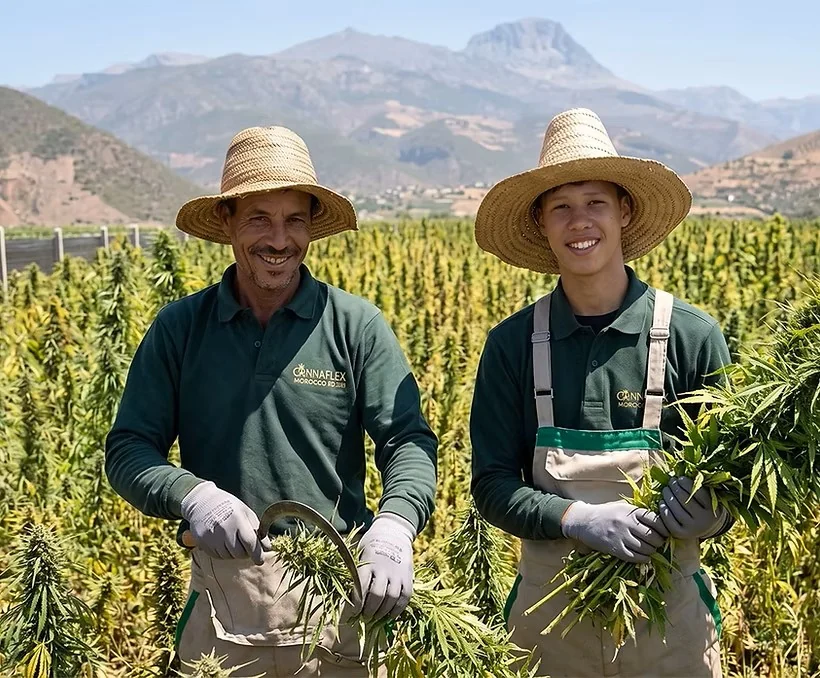 Cultivateurs Cannaflex dans une culture de cannabis au Rif